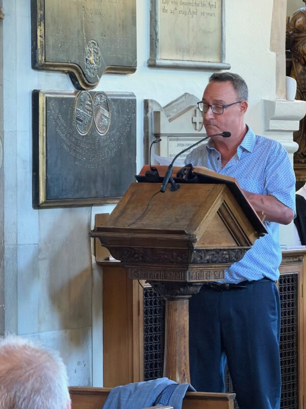 Neil English, Celebrating the life of Minty Clinch at Chelsea Old Church, Wednesday 24th June 2026. Image © PlanetSKI.